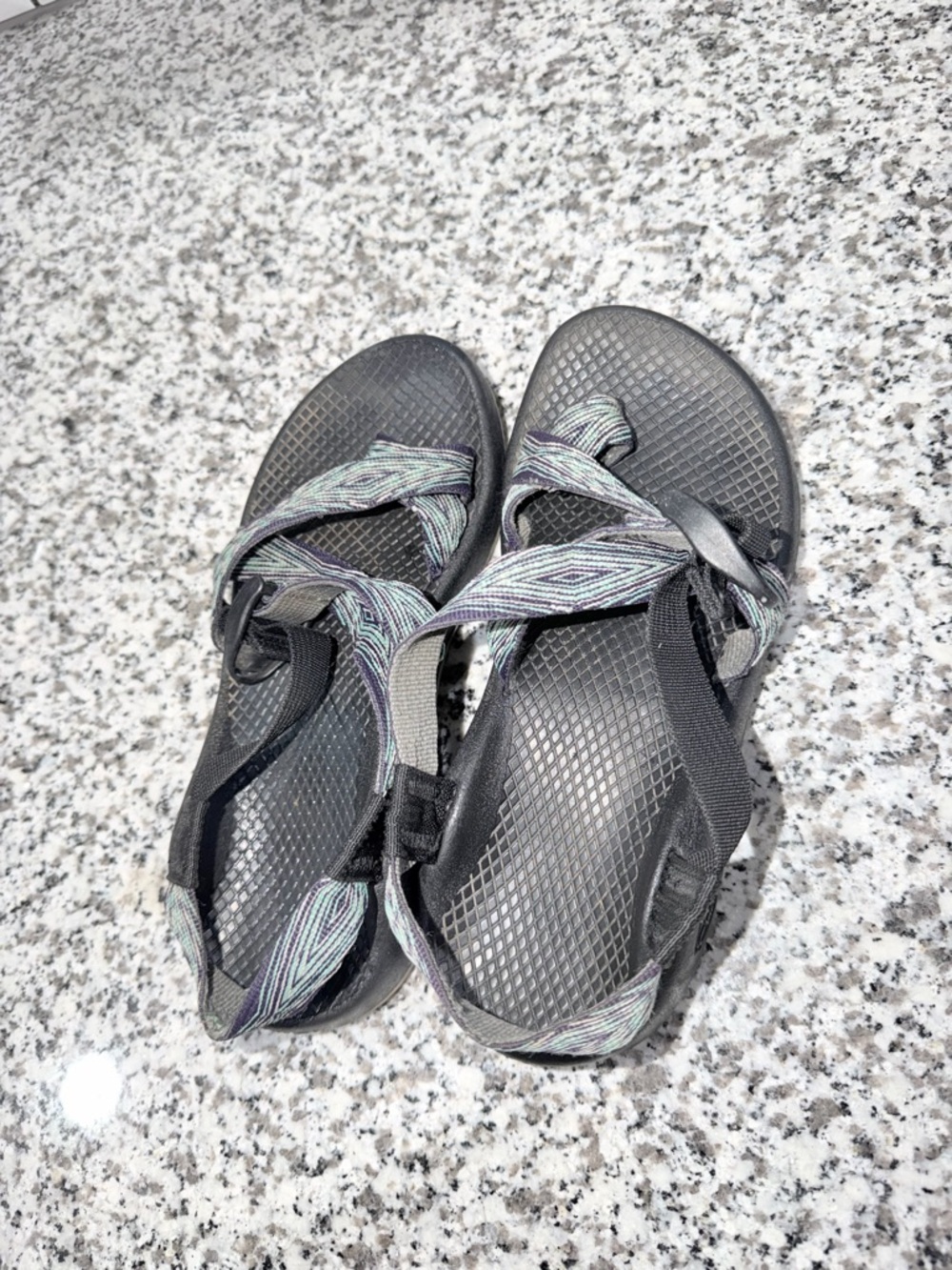 Chaco Women's Black Sandals with Green-Blue Patterned Straps